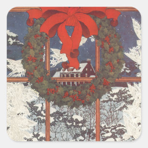 Pegatina Cuadrada Corona de Navidad vintage en una ventana con nieve