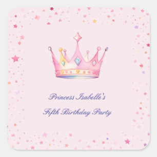 Pegatina Cuadrada Corona de princesa Rosa pastel Cumpleaños niña
