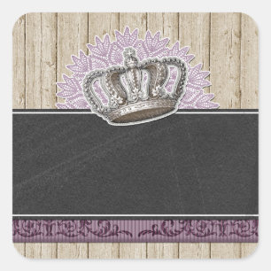 Pegatina Cuadrada Corona de reina vintage en madera rústica y pizarr