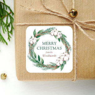 Pegatina Cuadrada Corona de Vegetación Invernal Feliz Navidad Acuare
