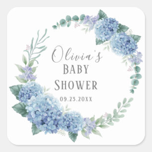 Pegatina Cuadrada Corona floral azul personalizada para baby shower