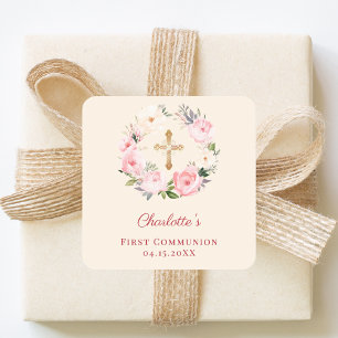 Pegatina Cuadrada Corona floral de marfil rosado Primera Comunión