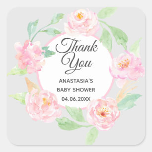 Pegatina Cuadrada Corona floral gris y rosa gracias Baby Shower