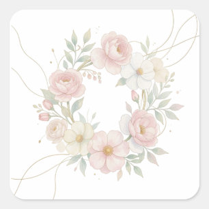 Pegatina Cuadrada Corona floral pastel elegante de diseño botánico r