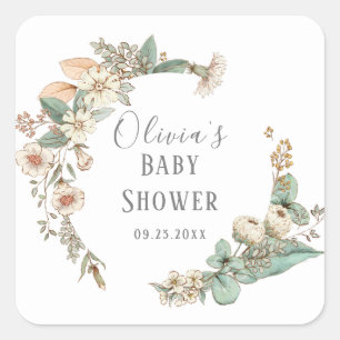 Pegatina Cuadrada Corona floral personalizada para baby shower