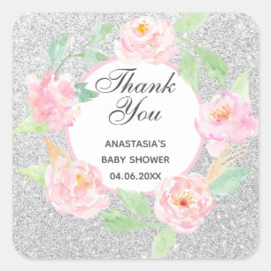Pegatina Cuadrada Corona floral plateada y rosa Gracias Baby Shower