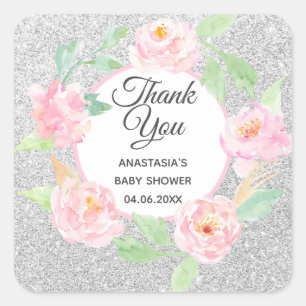 Pegatina Cuadrada Corona floral plateada y rosa Gracias Baby Shower