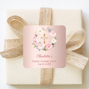 Pegatina Cuadrada Corona floral rosa de oro rosa Primera Comunión