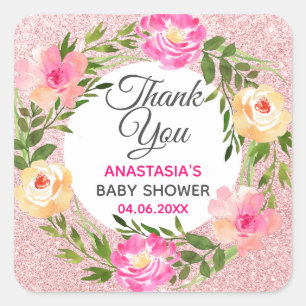 Pegatina Cuadrada Corona floral rosa dorado gracias Baby Shower