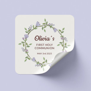 Pegatina Cuadrada Corona floral y tema botánico - Primera comunión