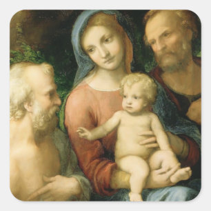 Pegatina Cuadrada Correggio- la familia santa con el santo Jerome