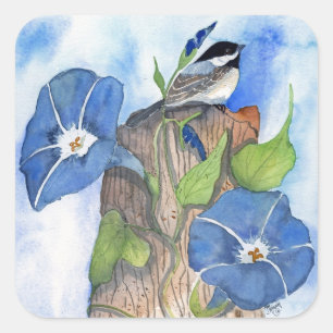 Pegatina Cuadrada Correhuelas azules y Chickadee