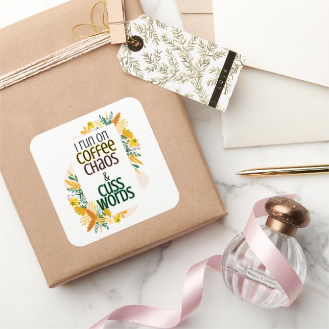 Pegatina Cuadrada Corro con café caos y palabras de café (Regalar)