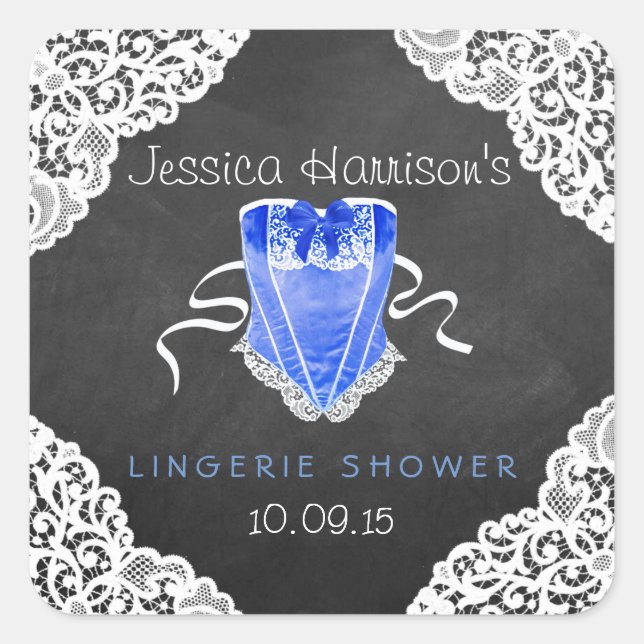 Pegatina Cuadrada Corset Blue Lace White Chalkboard Lingerie Shower (Anverso)