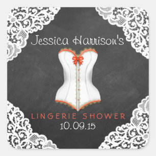Pegatina Cuadrada Corset Rojo Lace Blanco Chalkboard Lingerie Shower