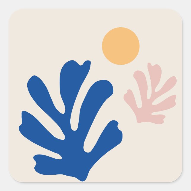 Pegatina Cuadrada Cortar Formas Hojas Abstractas Azules Y Sol (Anverso)