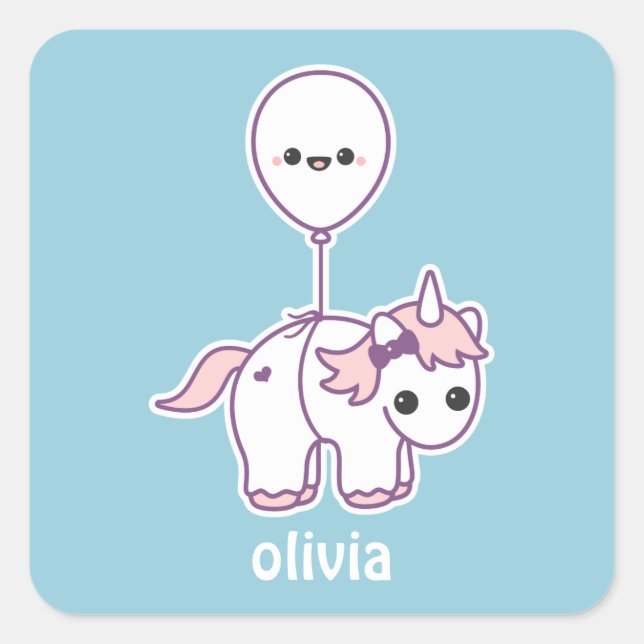 Pegatina Cuadrada Cortar unicornio con globo (Anverso)