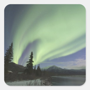 Pegatina Cuadrada Cortinas de aurora boreal verde en el cielo