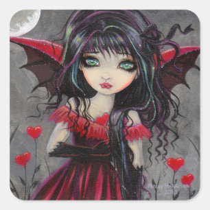 Pegatina Cuadrada Corto Vampiro gótico con corazón en San Valentín