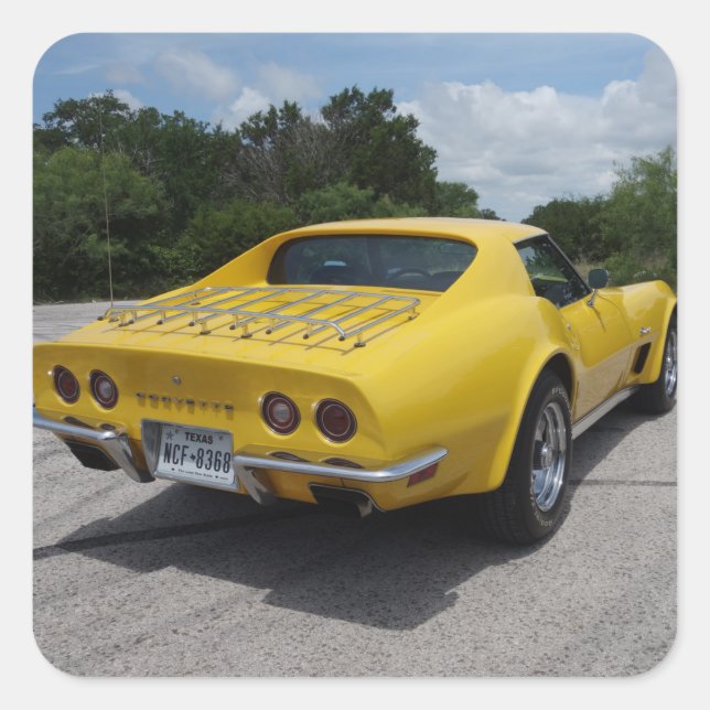 Pegatina Cuadrada Corvette clásico amarillo de 1973 (Anverso)
