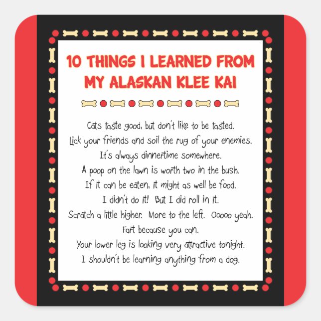 Pegatina Cuadrada Cosas divertidas que aprendí de mi Alaskan Klee Ka (Anverso)