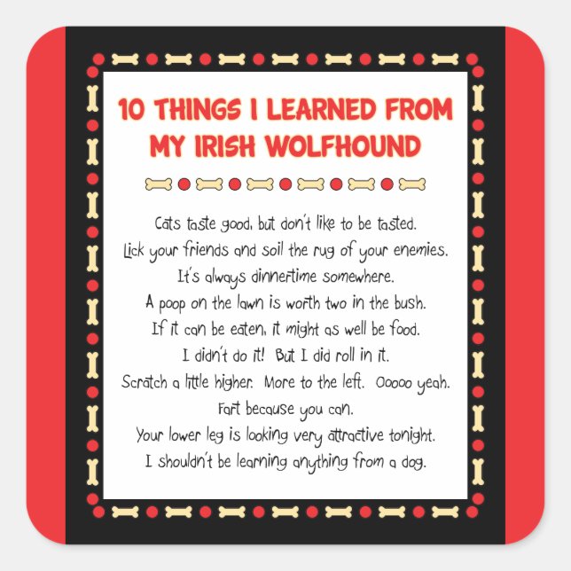 Pegatina Cuadrada Cosas divertidas que aprendí de mi Wolfhound irlan (Anverso)