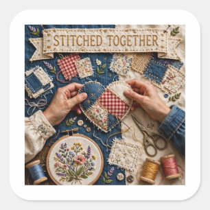 Pegatina Cuadrada Coseduras Juntas – Corazón de Patchwork Vintage Bo