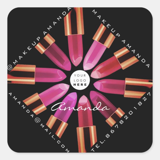 Pegatina Cuadrada Cosmetica Makeup Shop Gold Pink Lipstick Black (Anverso)