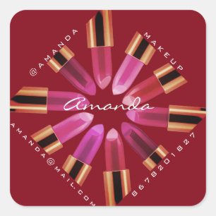Pegatina Cuadrada Cosmetica Makeup Shop Rosa Oro de pintalabios rosa