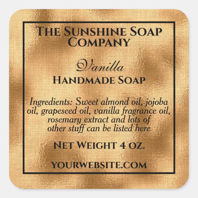 Pegatina Cuadrada Cosméticos de jabón de Relieve metalizado dorado d (Anverso)