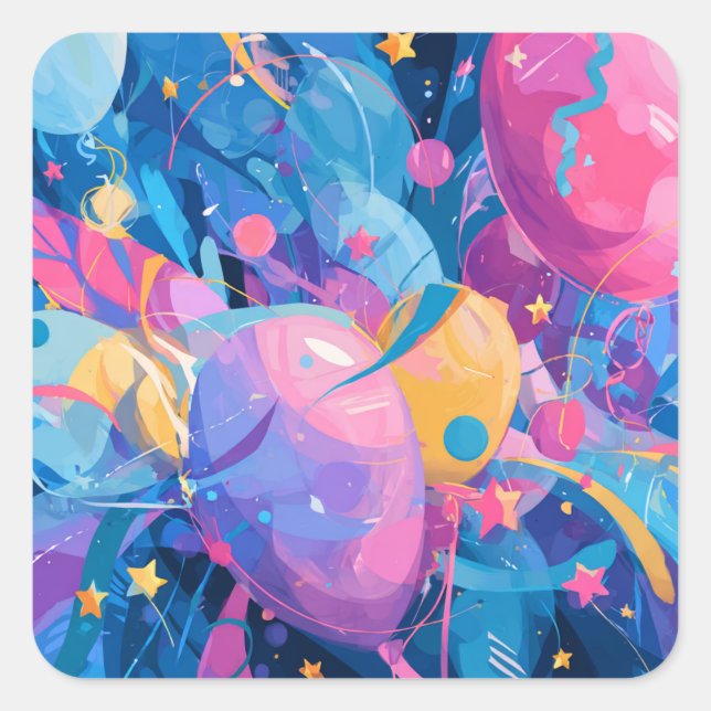Pegatina Cuadrada Cosmic Celebration: Abstract Floating Orbs and Sta (Anverso)