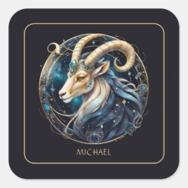 Pegatina Cuadrada Cosmic Sea Goat Zodiac Sign Black Gold Capricorn