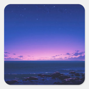 Pegatina Cuadrada Costa del Océano en la Noche Estrellada durante la