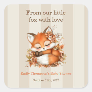 Pegatina Cuadrada Cosy Autumn Fox Baby Shower acogedor Fiesta Woodla