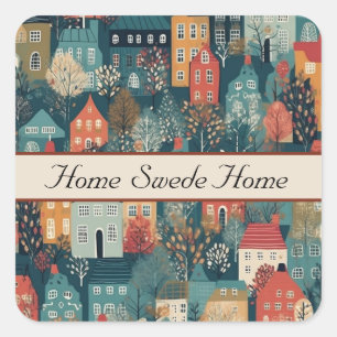 Pegatina Cuadrada Cosy Hygge Village Nordic Folk Art, personalizado
