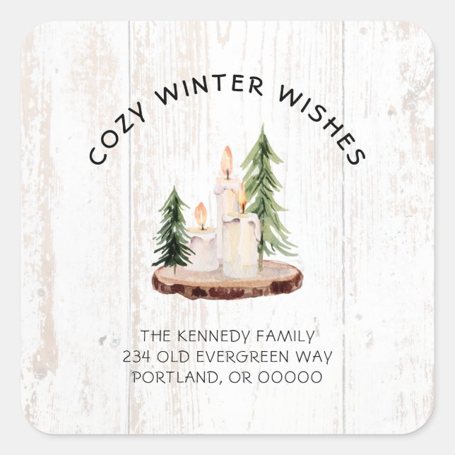 Pegatina Cuadrada Cosy Winter Wishes White Distresress Wood Xmas Cla (Anverso)