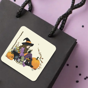 Pegatina Cuadrada Cosy Witch Vibes Halloween Pumpkins Purple