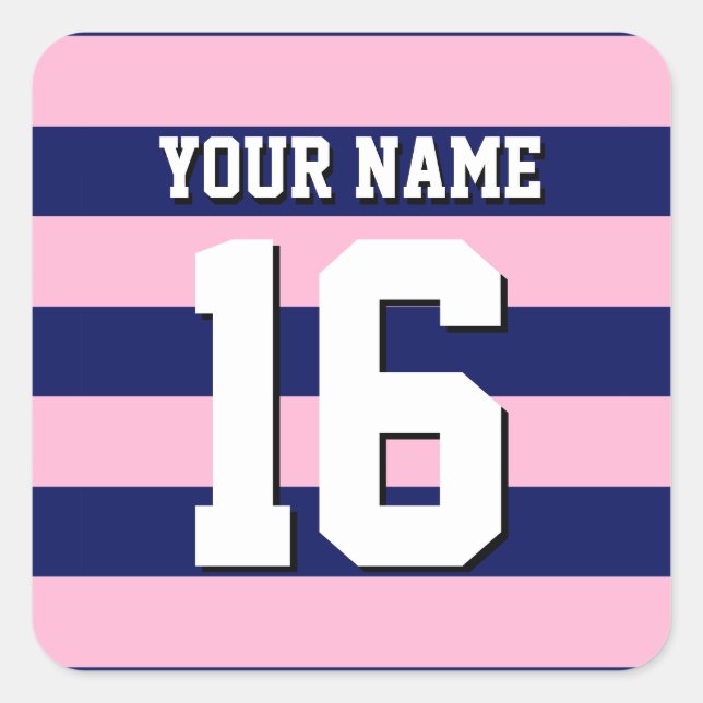 Pegatina Cuadrada Cot Candy Pink Navy Blue Team Jersey Preppy Stripe (Anverso)