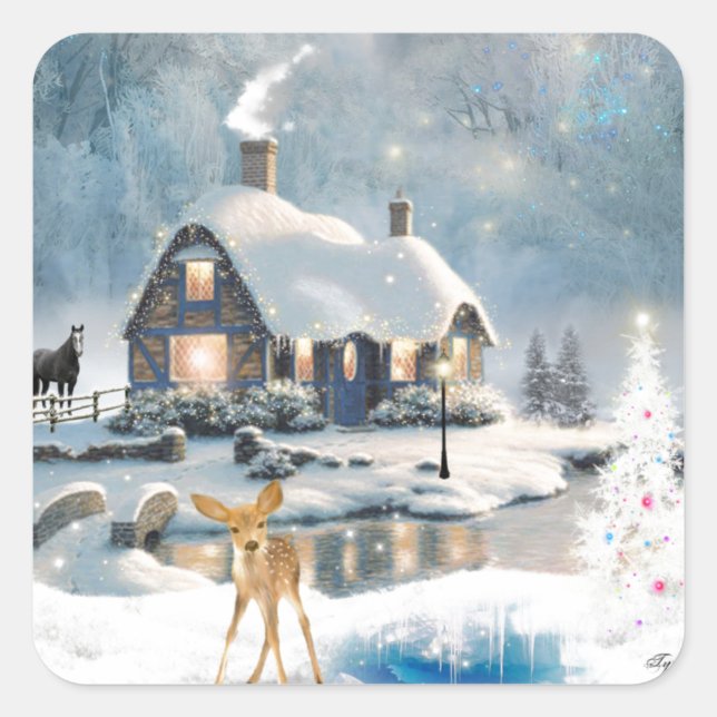 Pegatina Cuadrada Cottage de Navidades de invierno (Anverso)
