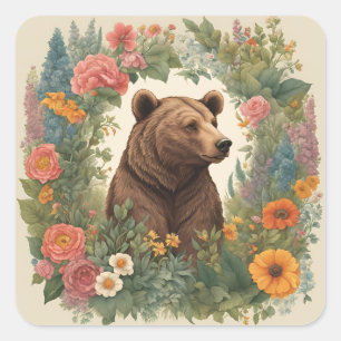 Pegatina Cuadrada Cottagecore Bear