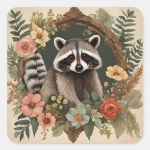 Pegatina Cuadrada Cottagecore Cute Raccoon