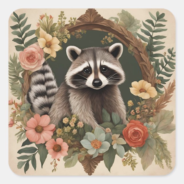 Pegatina Cuadrada Cottagecore Cute Raccoon (Anverso)