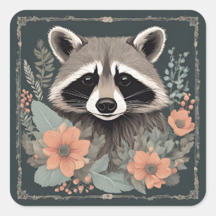 Pegatina Cuadrada Cottagecore Cute Raccoon