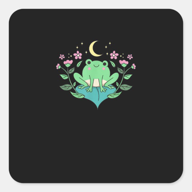 Pegatina Cuadrada Cottagecore Goblincore Moon Flowers Forest Frog Mu (Anverso)