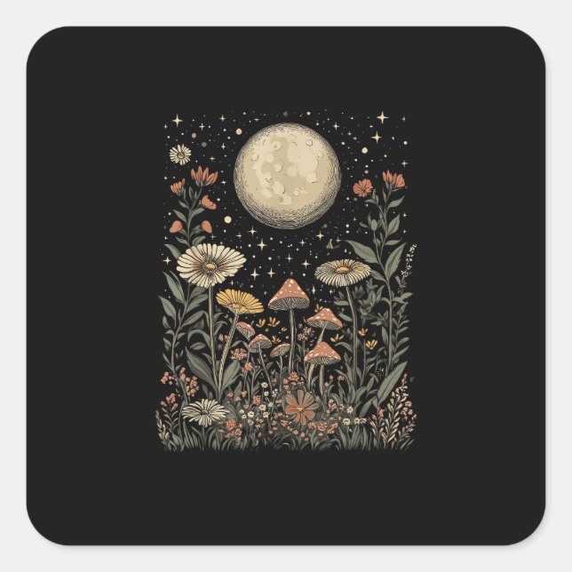 Pegatina Cuadrada Cottagecore Moon Mushroom Moonphase Goblincore (Anverso)