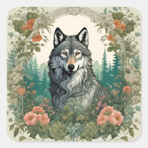 Pegatina Cuadrada Cottagecore Wolf