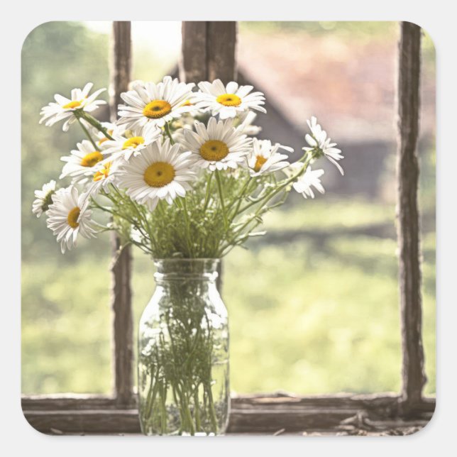 Pegatina Cuadrada Country Daisy Bouquet En Ventana (Anverso)