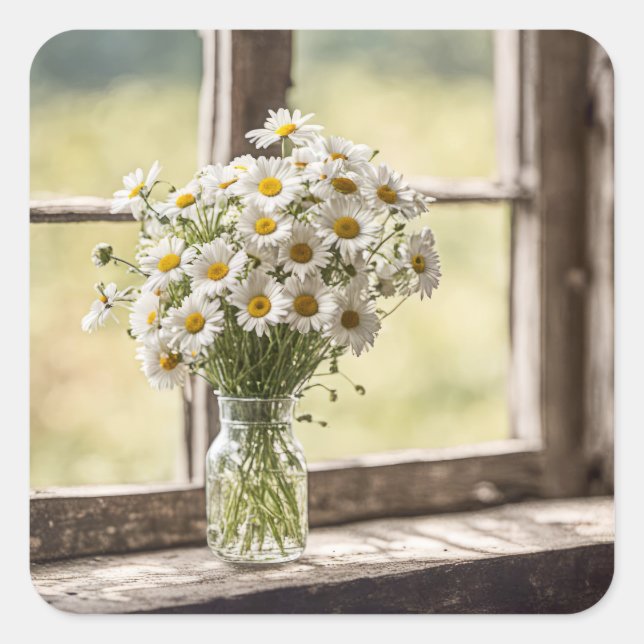Pegatina Cuadrada Country Daisy Bouquet En Ventana (Anverso)