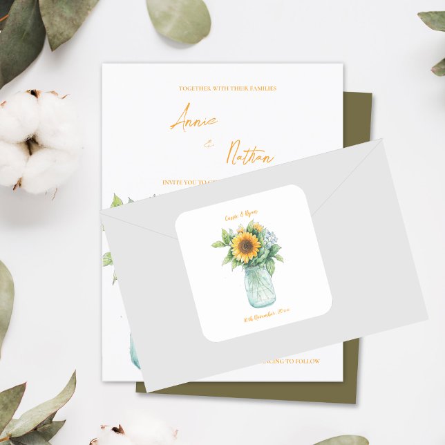 Pegatina Cuadrada Country Floral Rustic Sunflower Mason Jar Boda (Country Floral Rustic Sunflower Mason Jar Wedding Square Sticker)
