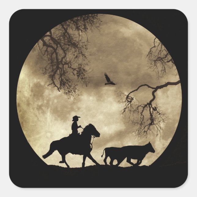 Pegatina Cuadrada Country Western Cowboy y Horse Moon (Anverso)